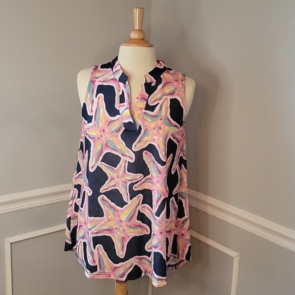 SIMPLY SOUTHERN Savanah Navy Pink‎ Starfish Print Beachy Sleeveless Tunic Top S